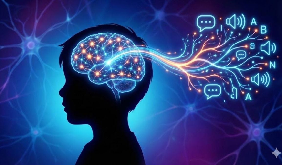A conceptual illustration of a child's silhouette in profile. The brain is illuminated with glowing neural networks that extend outward, transforming into symbols of communication such as speech bubbles, sound waves, and letters, representing language acquisition in autism.