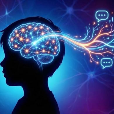 A conceptual illustration of a child's silhouette in profile. The brain is illuminated with glowing neural networks that extend outward, transforming into symbols of communication such as speech bubbles, sound waves, and letters, representing language acquisition in autism.