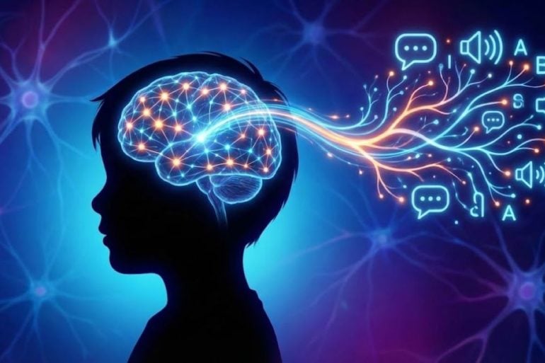 A conceptual illustration of a child's silhouette in profile. The brain is illuminated with glowing neural networks that extend outward, transforming into symbols of communication such as speech bubbles, sound waves, and letters, representing language acquisition in autism.