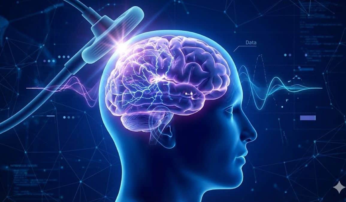 Brain Stimulation Method Can Evaluate Consciousness in Alzheimer’s Disease A scientific illustration showing a Transcranial Magnetic Stimulation (TMS) coil placed against a human head, delivering a magnetic pulse to a glowing blue brain. Background elements include data points and EEG wave lines, representing the measurement of brain complexity in Alzheimer