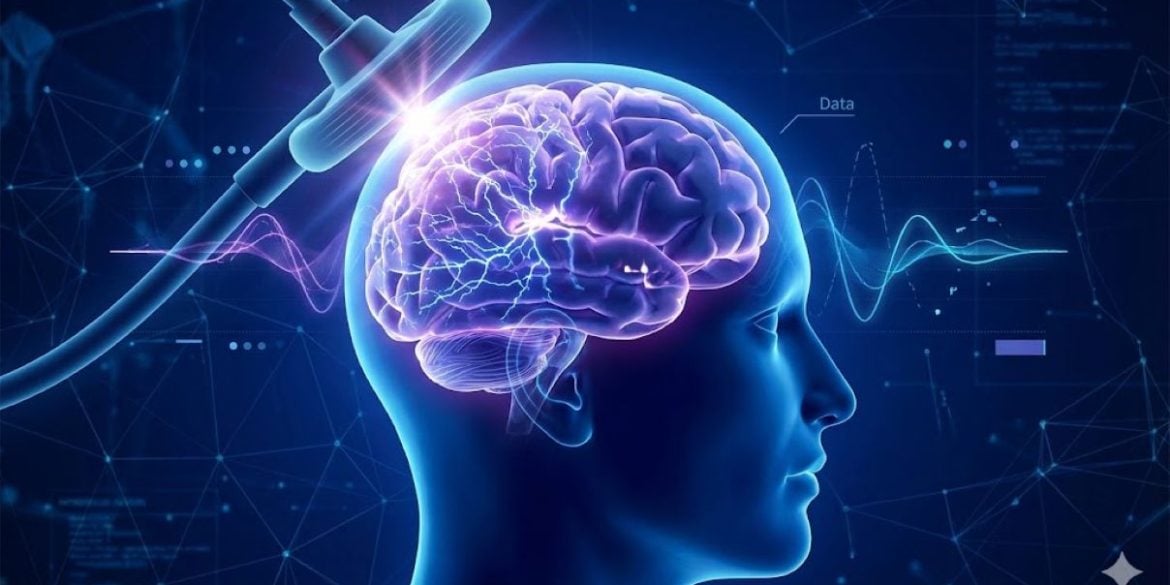 A scientific illustration showing a Transcranial Magnetic Stimulation (TMS) coil placed against a human head, delivering a magnetic pulse to a glowing blue brain. Background elements include data points and EEG wave lines, representing the measurement of brain complexity in Alzheimer's research.