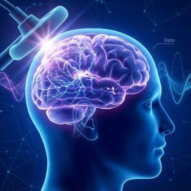 A scientific illustration showing a Transcranial Magnetic Stimulation (TMS) coil placed against a human head, delivering a magnetic pulse to a glowing blue brain. Background elements include data points and EEG wave lines, representing the measurement of brain complexity in Alzheimer's research.