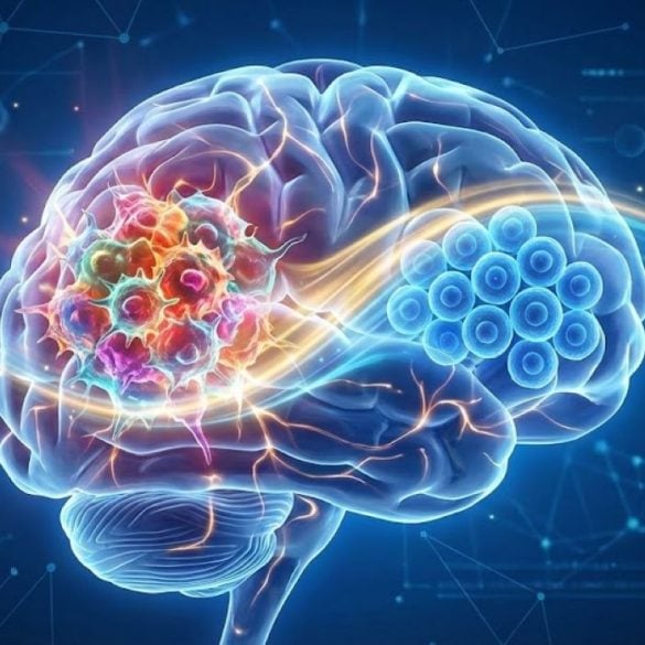 A digital illustration of a transparent human brain. Inside, a chaotic cluster of jagged, multi-colored tumor cells (representing heterogeneity) is being transformed by a glowing wave of light into uniform, organized blue spheres, symbolizing the "taming" of glioblastoma.