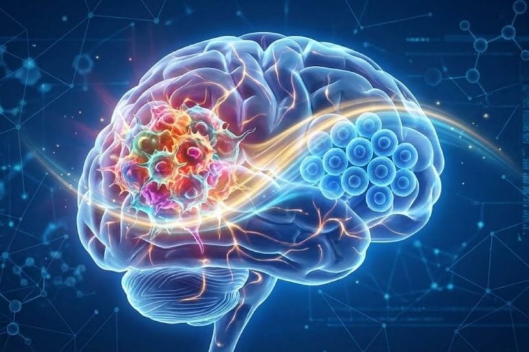 A digital illustration of a transparent human brain. Inside, a chaotic cluster of jagged, multi-colored tumor cells (representing heterogeneity) is being transformed by a glowing wave of light into uniform, organized blue spheres, symbolizing the "taming" of glioblastoma.