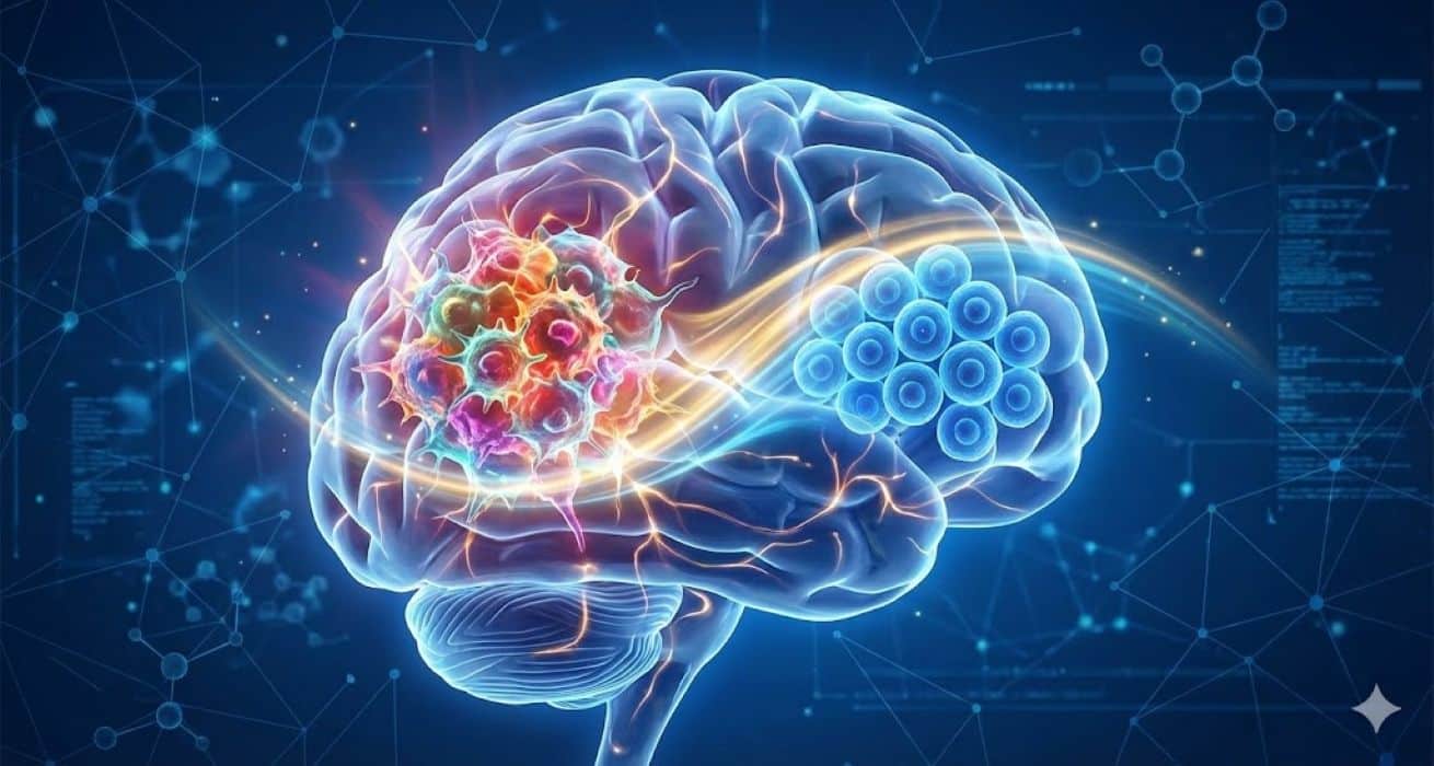 A digital illustration of a transparent human brain. Inside, a chaotic cluster of jagged, multi-colored tumor cells (representing heterogeneity) is being transformed by a glowing wave of light into uniform, organized blue spheres, symbolizing the "taming" of glioblastoma.