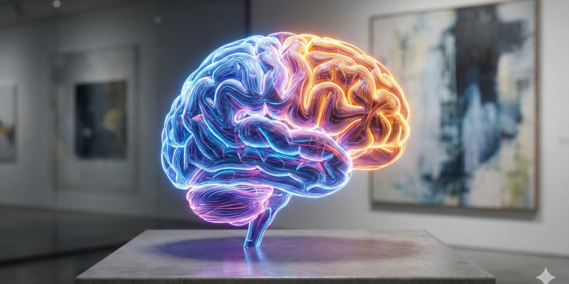 A realistic, modern art style 3D rendering of a human brain displayed on a concrete pedestal in a gallery setting. The brain is illuminated with intricate neon filaments in contrasting blue and orange, representing the intertwined nature of episodic and semantic memory.