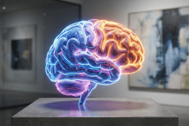 A realistic, modern art style 3D rendering of a human brain displayed on a concrete pedestal in a gallery setting. The brain is illuminated with intricate neon filaments in contrasting blue and orange, representing the intertwined nature of episodic and semantic memory.