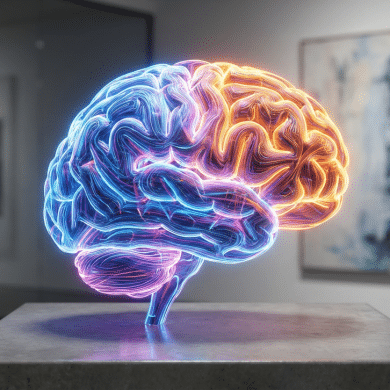 A realistic, modern art style 3D rendering of a human brain displayed on a concrete pedestal in a gallery setting. The brain is illuminated with intricate neon filaments in contrasting blue and orange, representing the intertwined nature of episodic and semantic memory.
