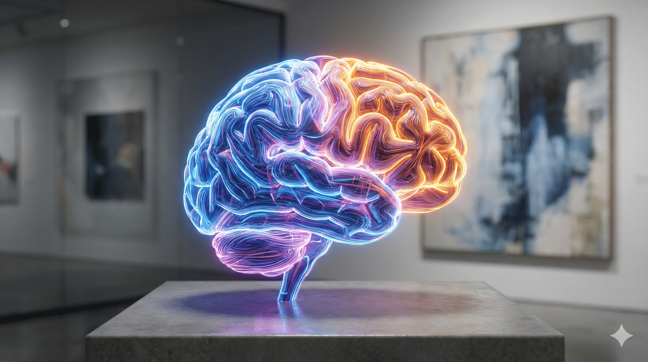 A realistic, modern art style 3D rendering of a human brain displayed on a concrete pedestal in a gallery setting. The brain is illuminated with intricate neon filaments in contrasting blue and orange, representing the intertwined nature of episodic and semantic memory.