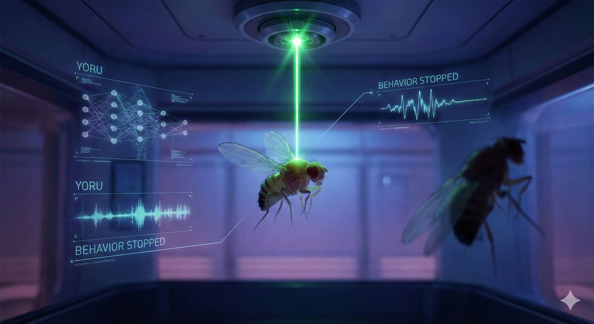 This image shows two flies under green light.