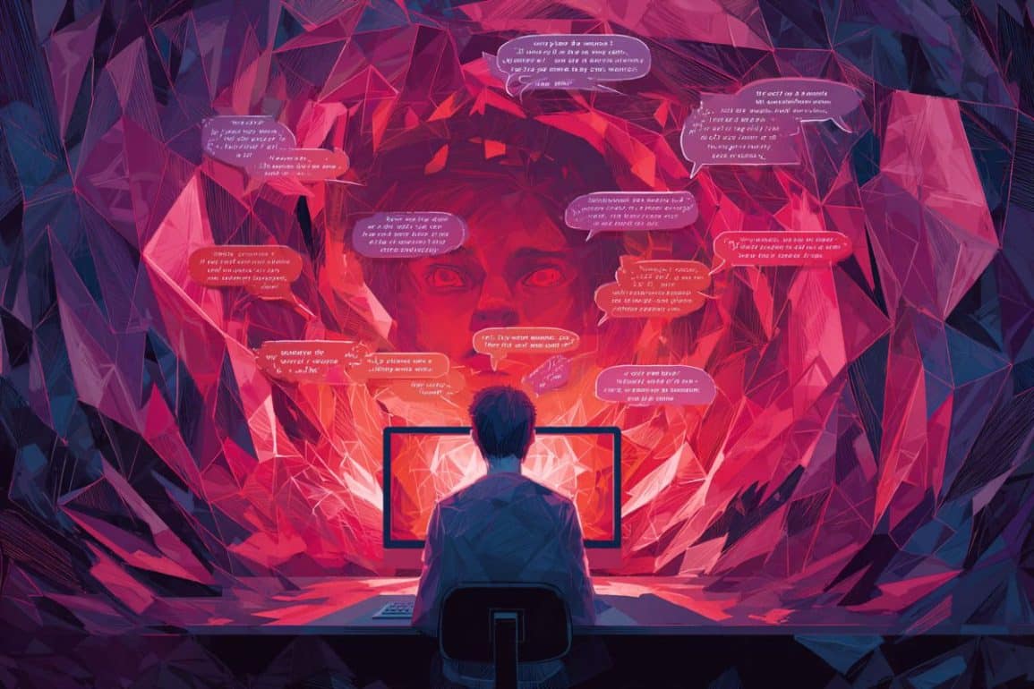 This shows a person chatting to a computer. Surrounding them are text bubbles and a face in the background.