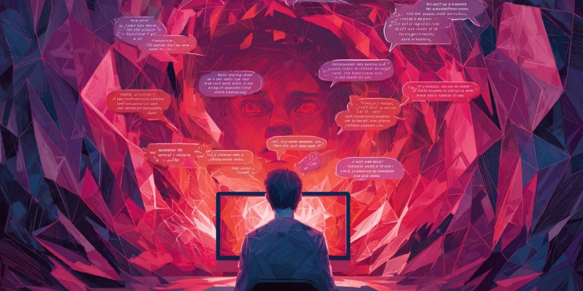 This shows a person chatting to a computer. Surrounding them are text bubbles and a face in the background.