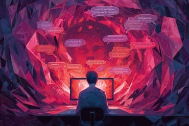 This shows a person chatting to a computer. Surrounding them are text bubbles and a face in the background.