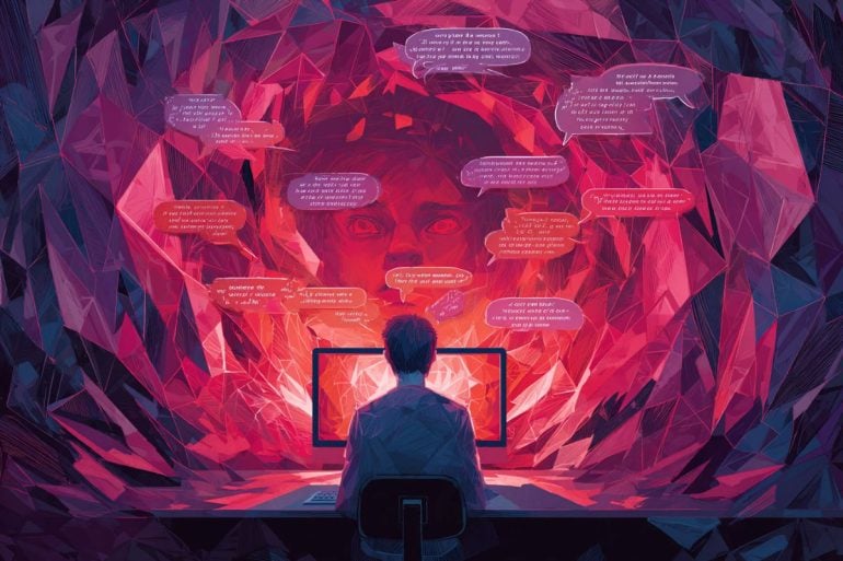 This shows a person chatting to a computer. Surrounding them are text bubbles and a face in the background.