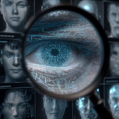 This shows a digital eye looking at AI generated faces.