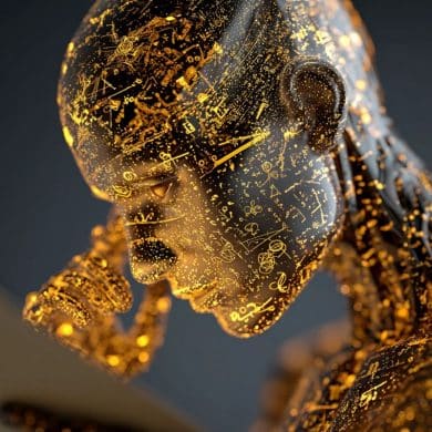 This shows a glowing, golden, digital head.