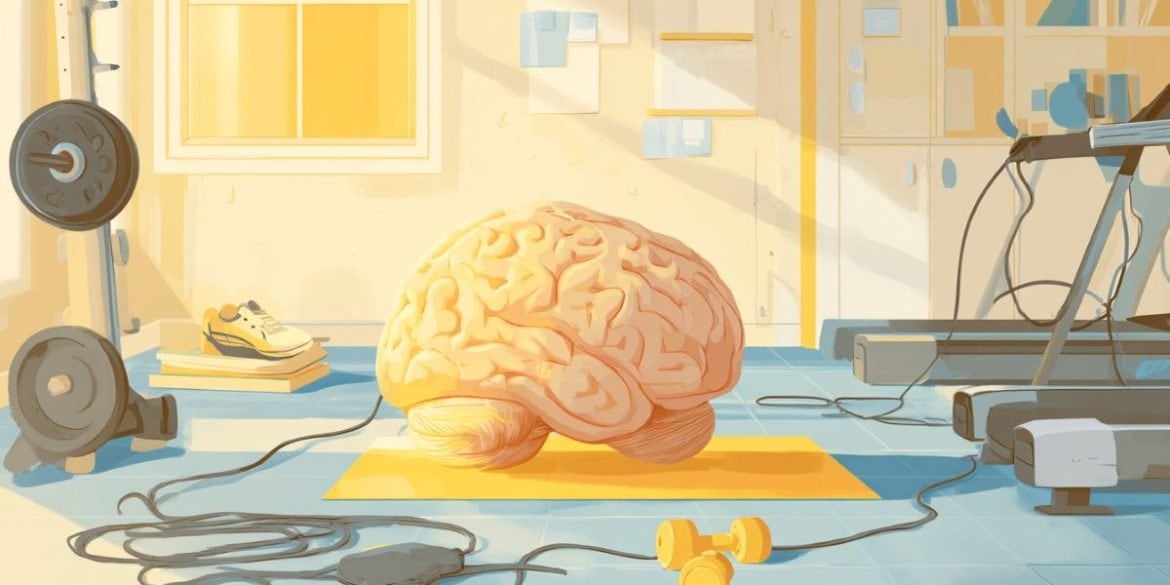 This shows a brain in sunlight surrounded by exercise equipment.