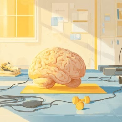 This shows a brain in sunlight surrounded by exercise equipment.