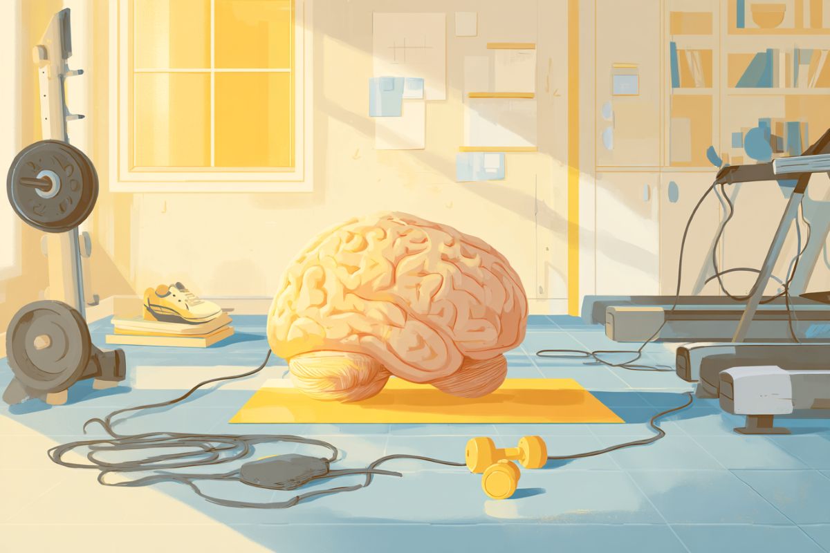 This shows a brain in sunlight surrounded by exercise equipment.