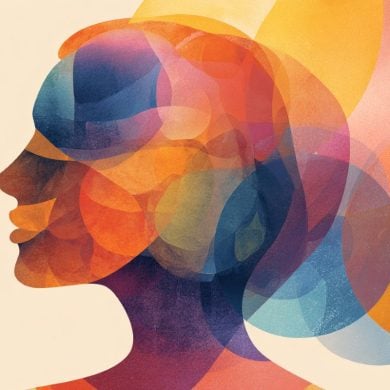 This shows the outline of a head bathed in warm colors.