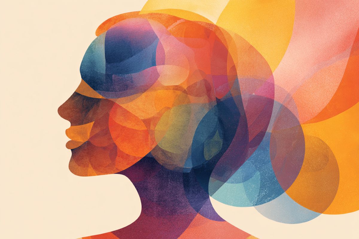 This shows the outline of a head bathed in warm colors.