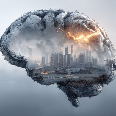 This shows the outline of a brain with industrial, smoggy buildings in the background, implying the link between air pollution and Alzheimer's disease.
