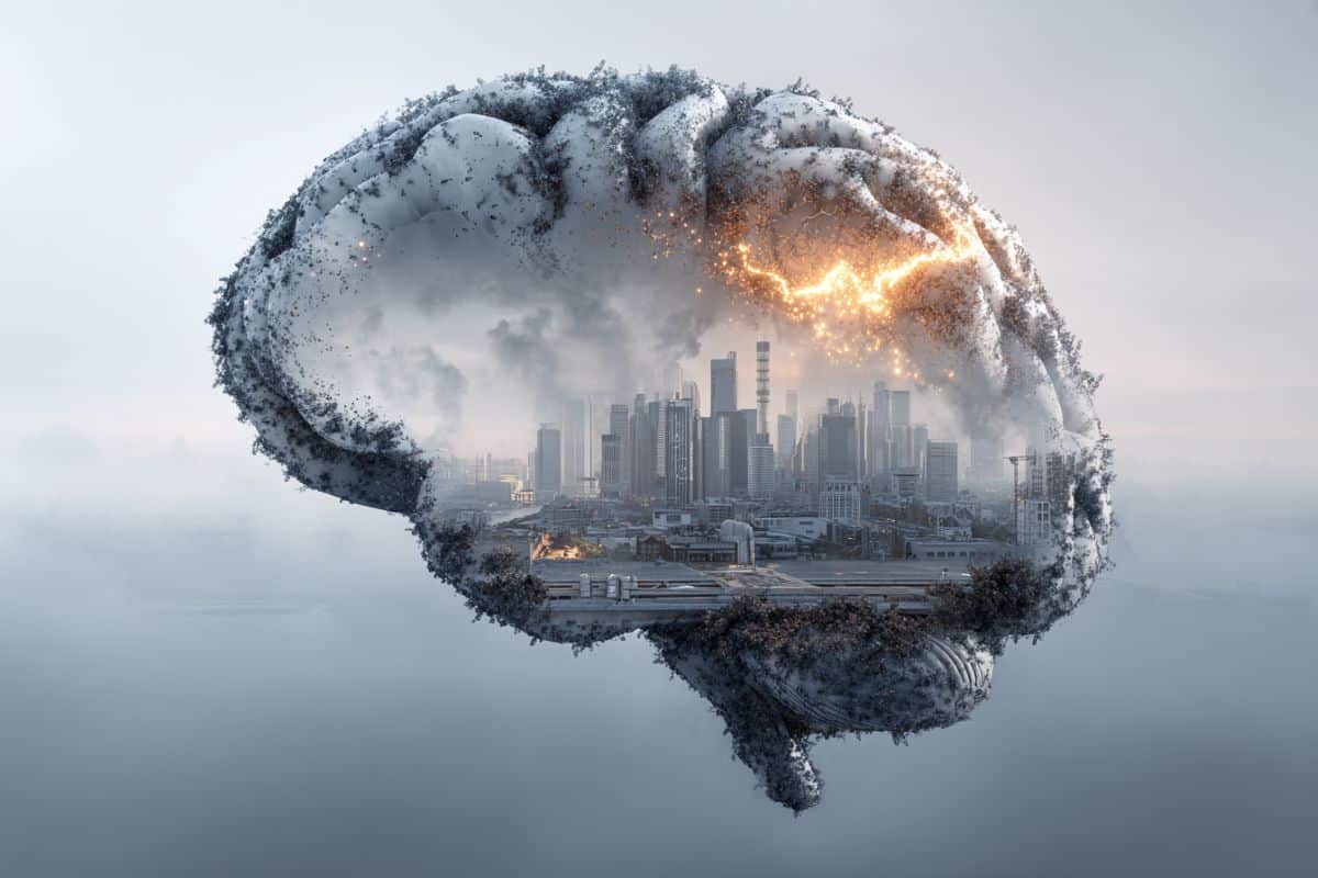 This shows the outline of a brain with industrial, smoggy buildings in the background, implying the link between air pollution and Alzheimer's disease.