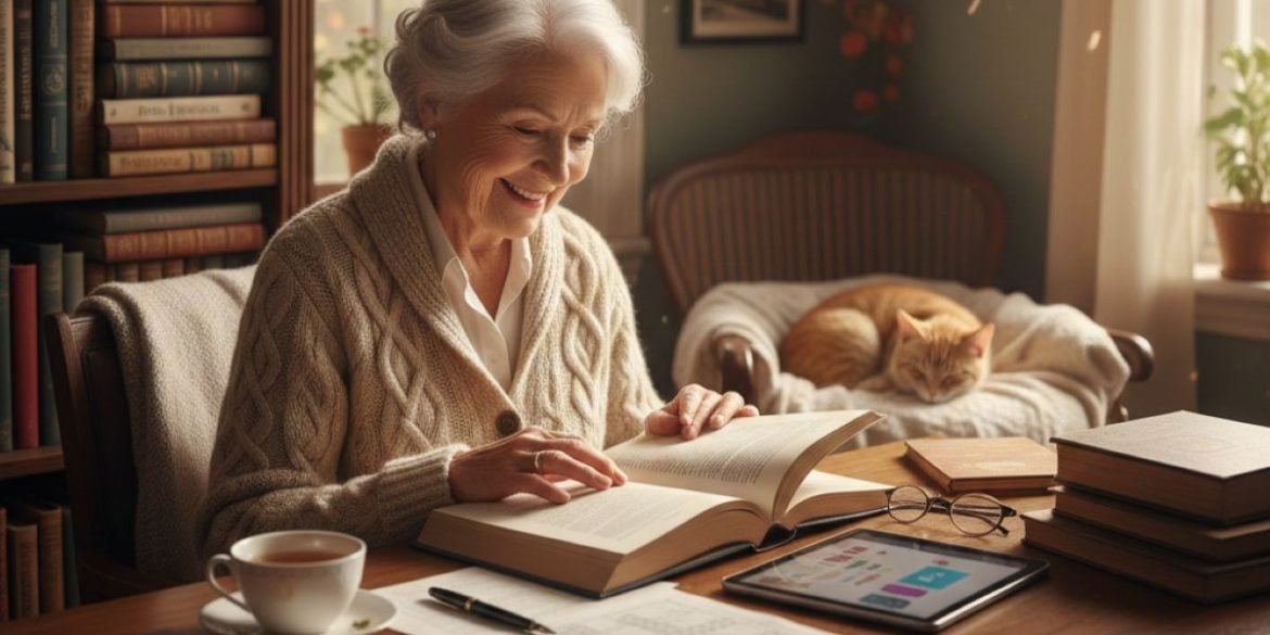 This shows an older lady at her desk reading and using a tablet.