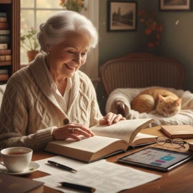 This shows an older lady at her desk reading and using a tablet.