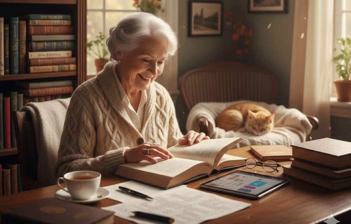 This shows an older lady at her desk reading and using a tablet.