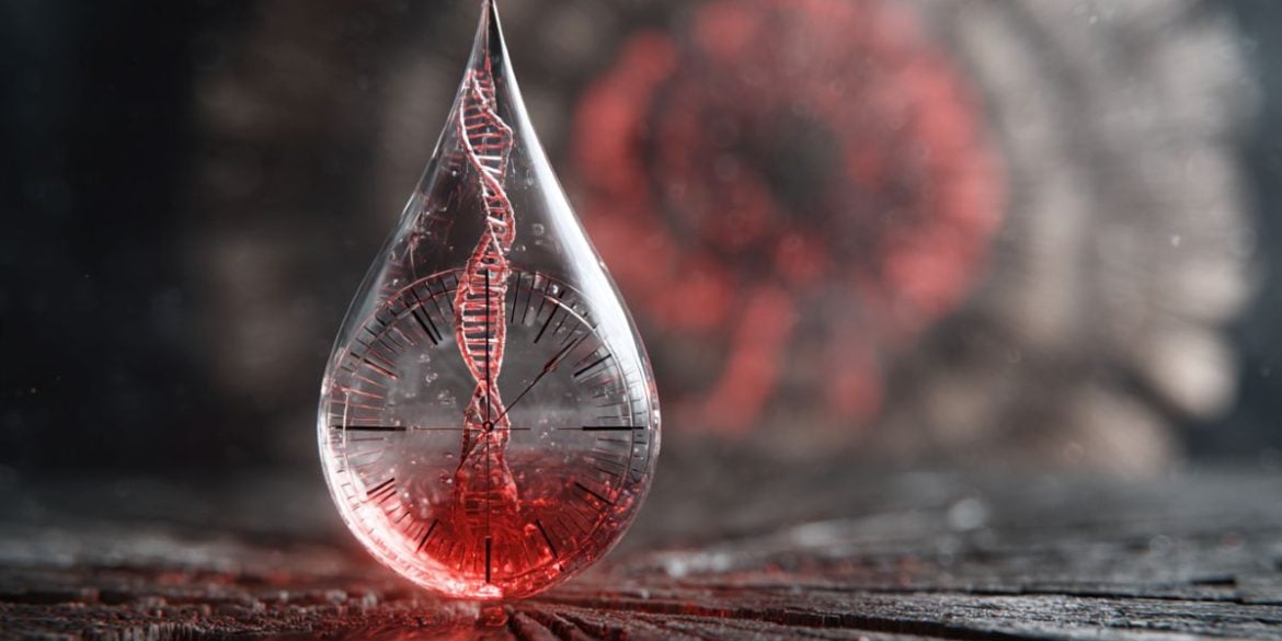 This shows a blood drop with a clock and DNA inside it.