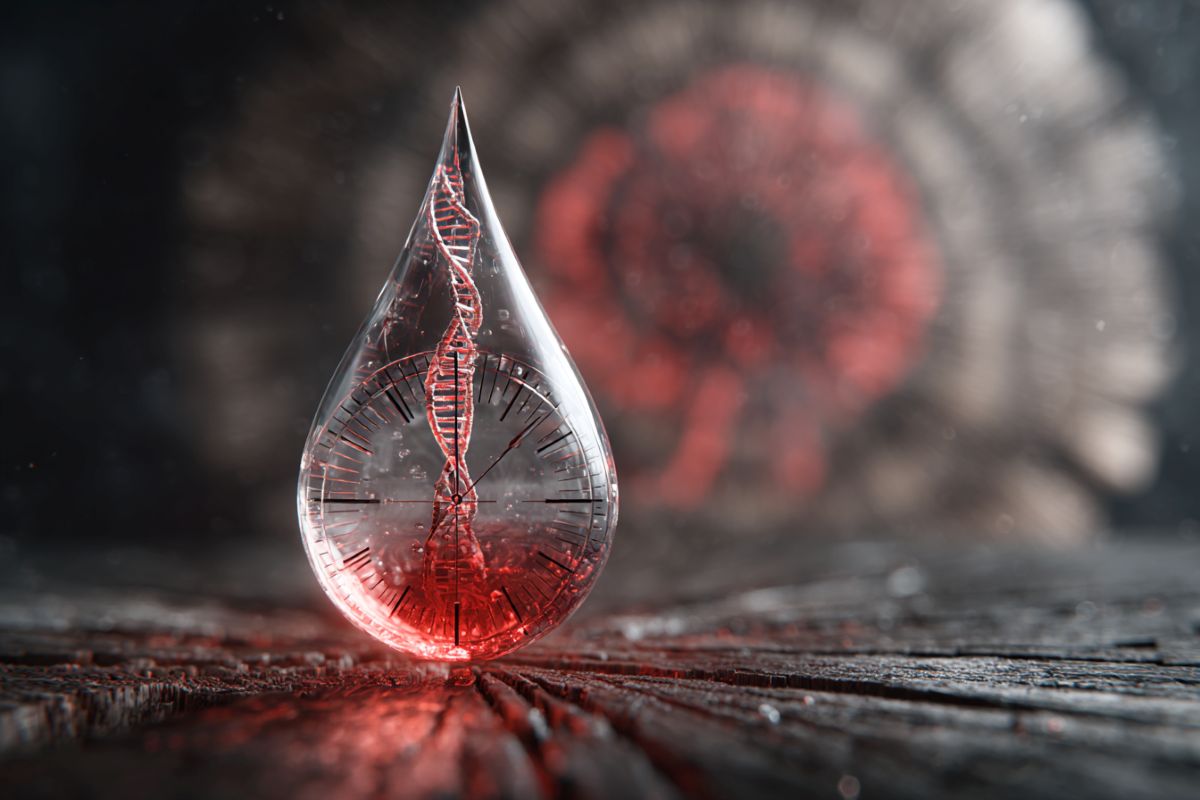 This shows a blood drop with a clock and DNA inside it.