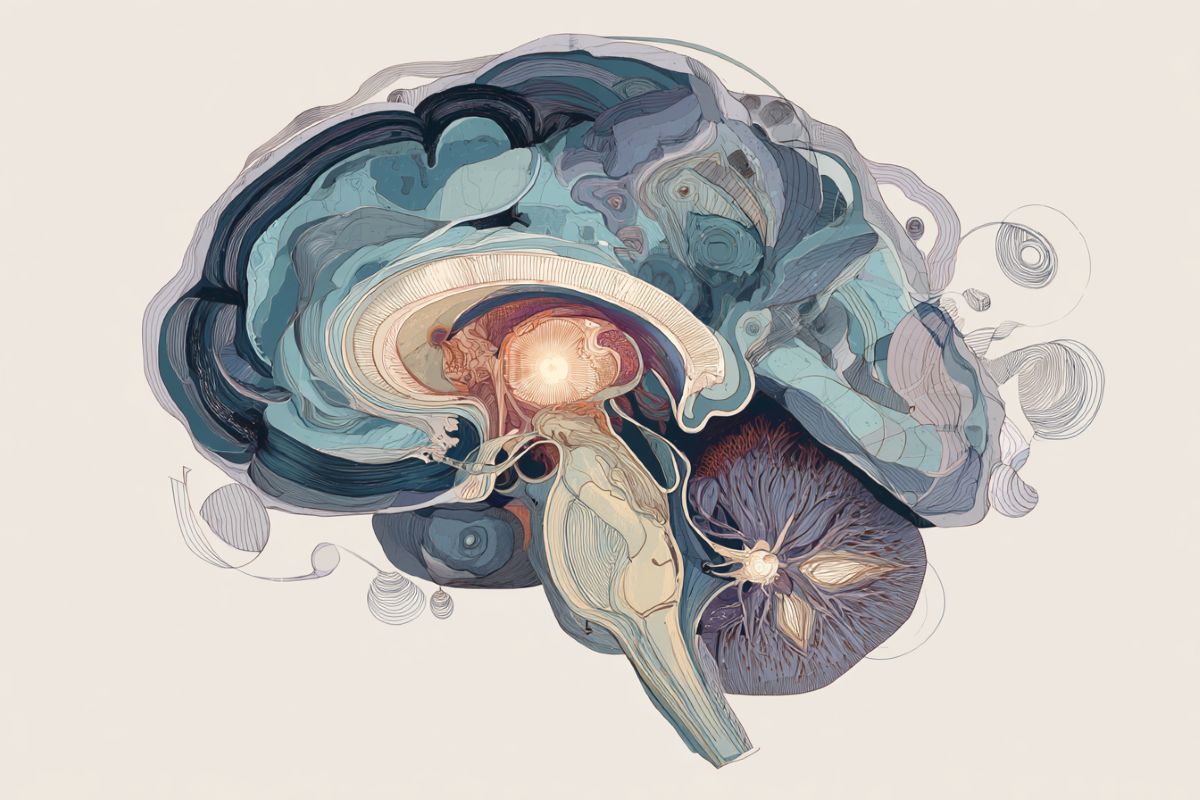This shows a cutaway illustration of the brain with the amygdala highlighed.