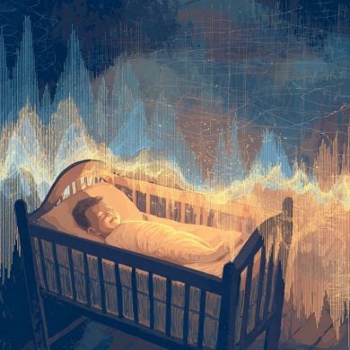 This shows a baby sleeping in a cot. Surrounding the cot is waves and muted light colors, symbolizing sensory stimulation.