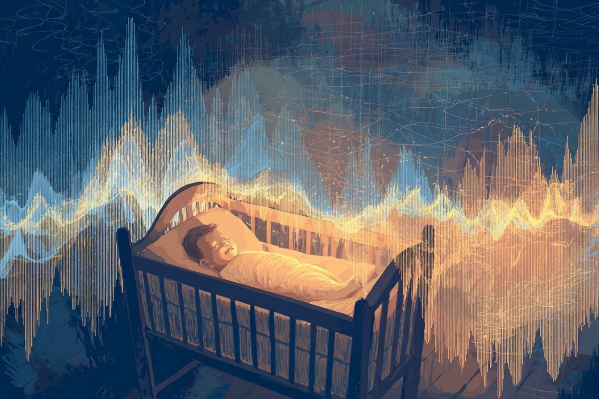 This shows a baby sleeping in a cot. Surrounding the cot is waves and muted light colors, symbolizing sensory stimulation.