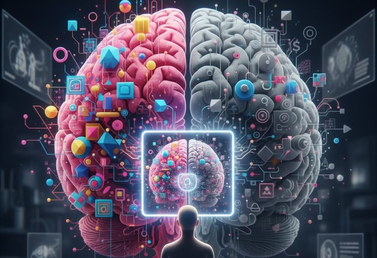 This shows a person sitting below a brain that's glowing pink and grey. The brain is surrounded by creative symbols.