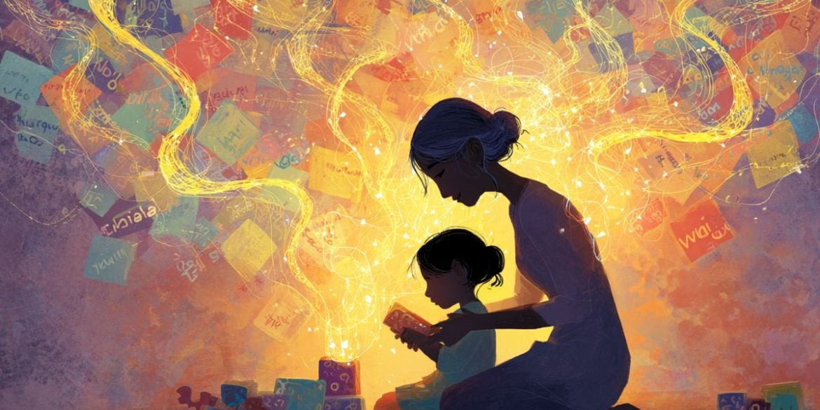 This illustration shows a mom and her child playing. Swirling around them are post-it notes with words in different languages.