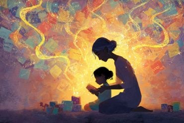 This illustration shows a mom and her child playing. Swirling around them are post-it notes with words in different languages.