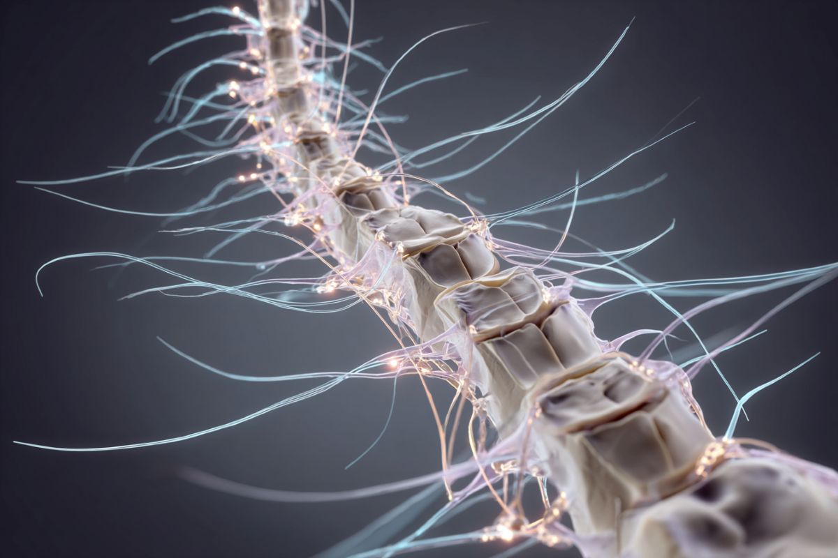 This shows a spine with wires, like neurons, coming out of it.