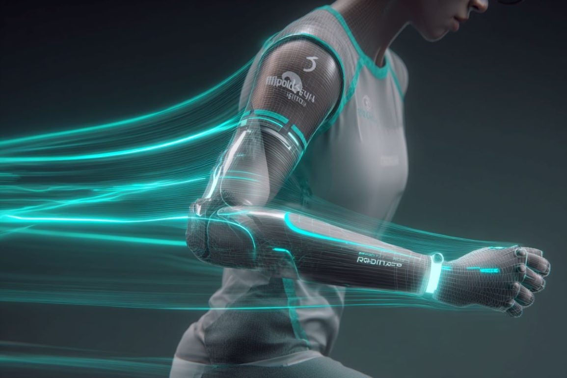 This shows a woman with a robotic arm. Behind her are blue lines, representing speed of movement of the arm.