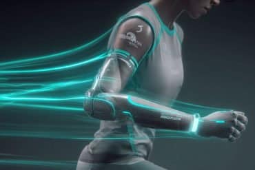 This shows a woman with a robotic arm. Behind her are blue lines, representing speed of movement of the arm.