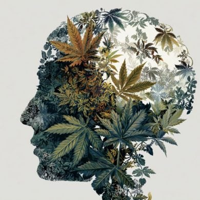 This illustration shows a head made up of cannabis leaves, implying the affect of cannabis on the aging brain.