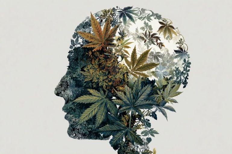 This illustration shows a head made up of cannabis leaves, implying the affect of cannabis on the aging brain.