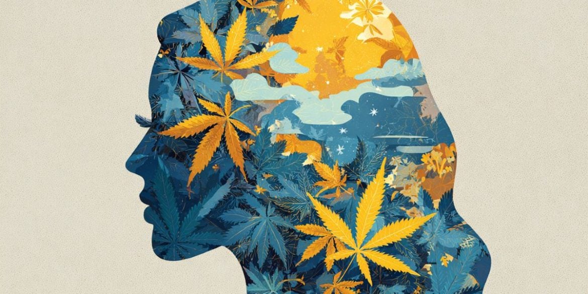 This shows the outline of a person's head filled with cannabis leaves.