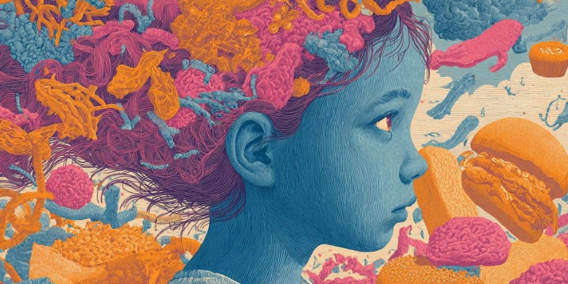 This shows a child surrounded by junk food.