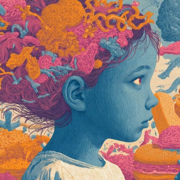 This shows a child surrounded by junk food.