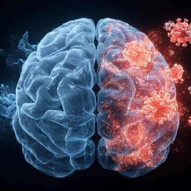 This shows a brain surrounded by the COVID virus