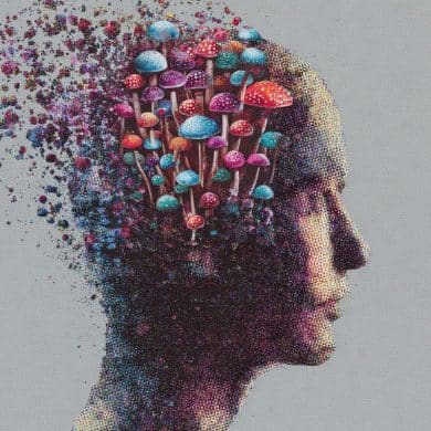 This shows a head with psychedelic images surrounding it, implying DMT's affect on resolving depression.