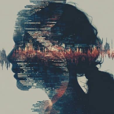 This shows the outline of a woman's head surrounded by wavy sound waves and dna.