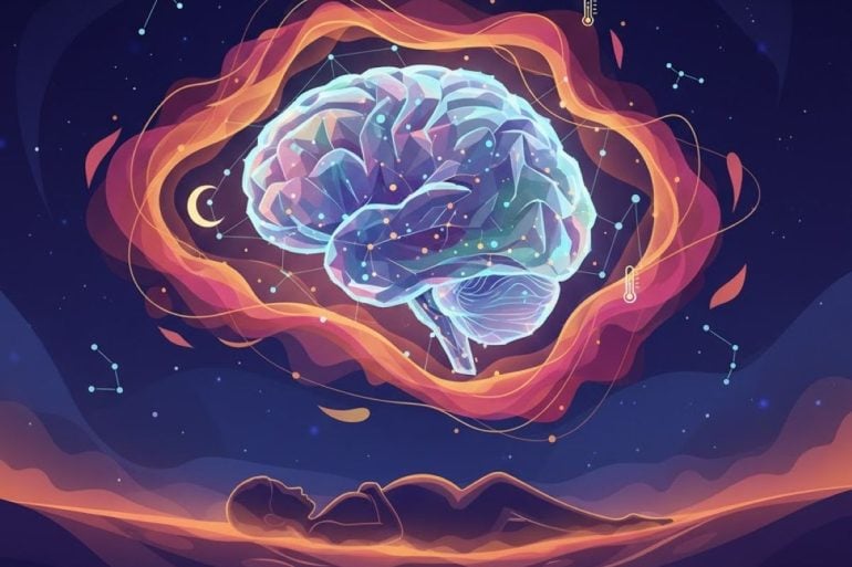 This shows a brain, a pregnant woman and a thermometer.